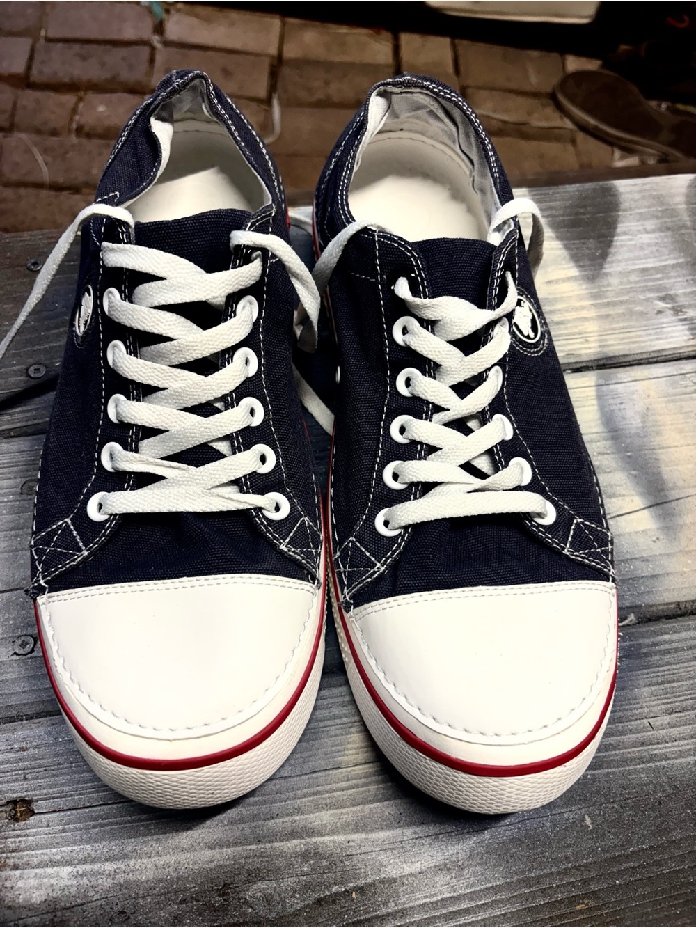 CROCS Navy and White Low-Top Canvas Sneakers with Red Accent